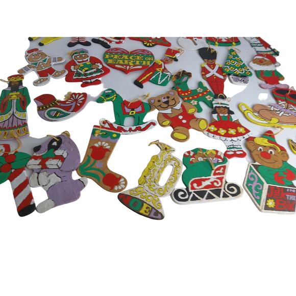 Vintage Wooden Christmas Ornaments Hand Painted Double Sided Set of 28 - Picture 2 of 7